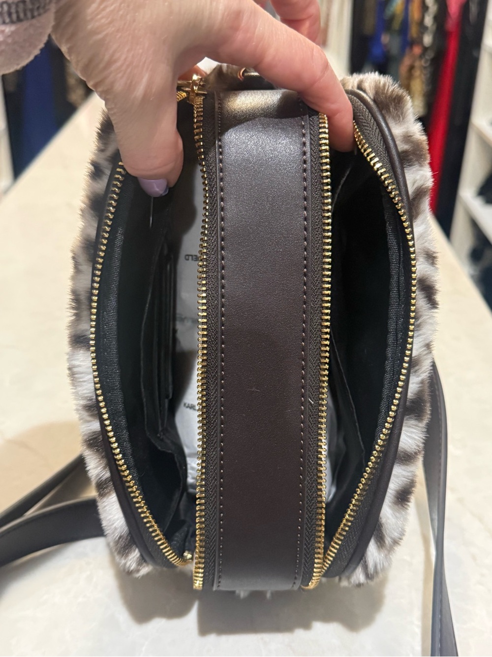 Karl Lagerfeld Leopard-Print Faux Fur Crossbody Bag New with tag - Brown/Black - Picture 10 of 13